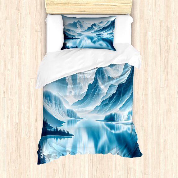 Ambesonne Lake Duvet Cover Set, Cold Mountain Peaks Icy Water, Twin, Pale Blue Petrol Blue