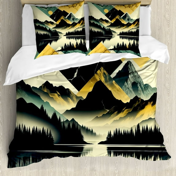Ambesonne Lake Duvet Cover Set, Dark Woods Mountains Modern, Queen, Dark Green Teal Khaki