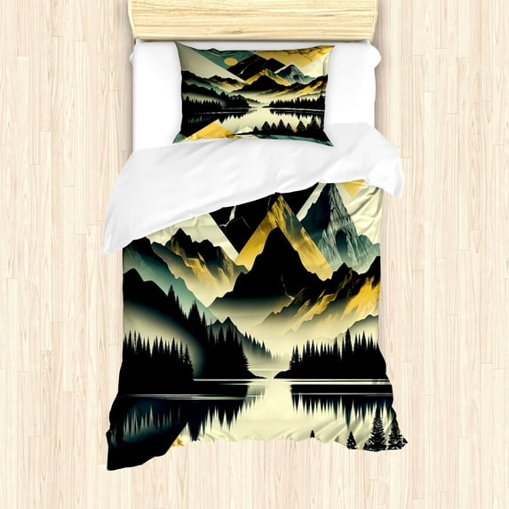 Ambesonne Lake Duvet Cover Set, Dark Woods Mountains Modern, Twin, Dark Green Teal Khaki