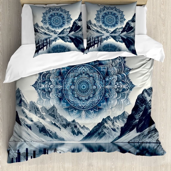 Ambesonne Lake Duvet Cover Set, Ethnic Boho Mandala Mountains, King, Night Blue