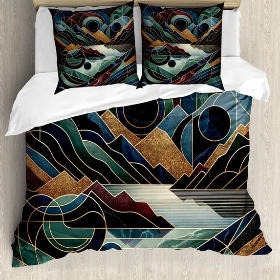 Ambesonne Lake Duvet Cover Set, Fibonacci Details Mountains, Queen, Raspberry Pale Teal Blue