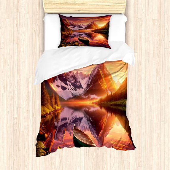Ambesonne Lake Duvet Cover Set, Lonely Boat Mountain Landscape, Twin, Olive Green and Burnt Sienna