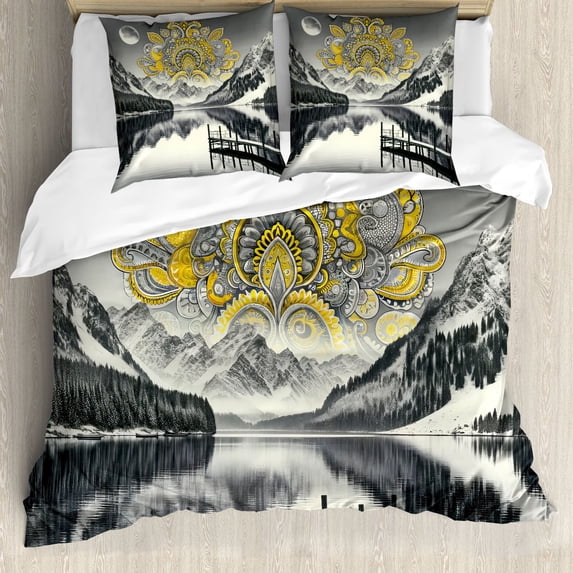 Ambesonne Lake Duvet Cover Set, Mandala and Mountain Panorama, King, Yellow and Grey