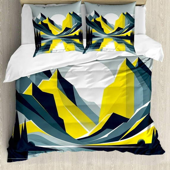 Ambesonne Lake Duvet Cover Set, Modern boho Sunrise Mountains, Queen, Mustard Purpleblue White