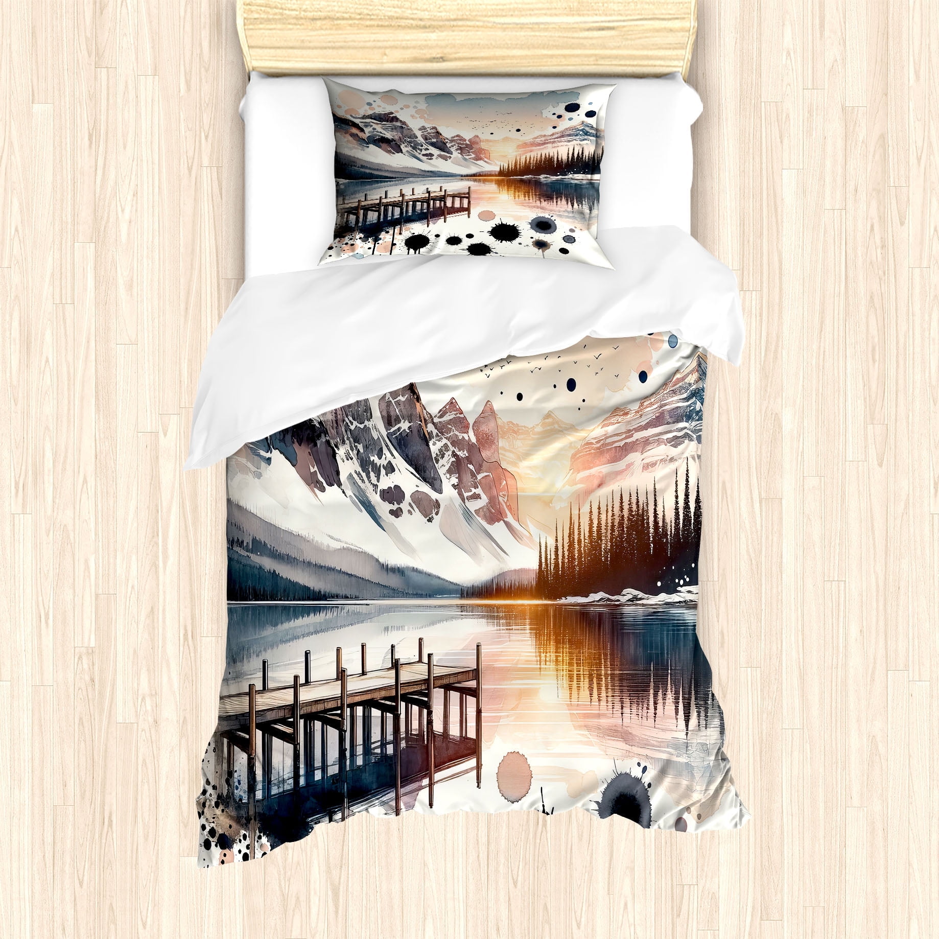 Peach and Pale Slate Blue Twin Lake Duvet Cover Set