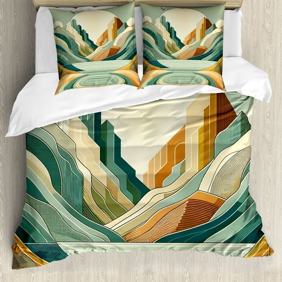 Ambesonne Lake Duvet Cover Set, Pastel Rising Mountains Art, King, Seafoam Peach and Amber