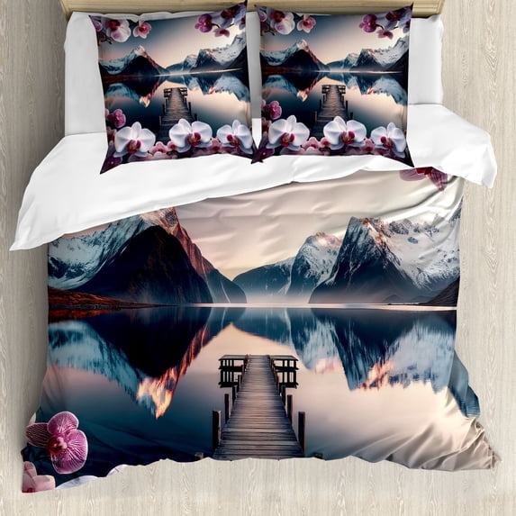 Ambesonne Lake Duvet Cover Set, Peaceful Orchid Calm Mountains, King, Pale Purple Petrol Blue