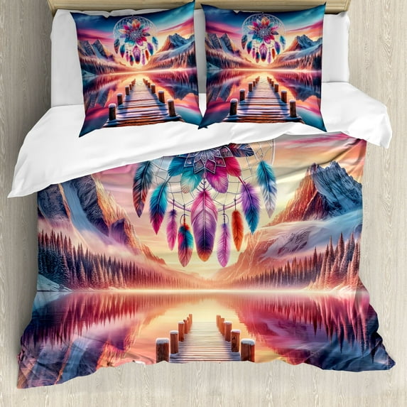 Ambesonne Lake Duvet Cover Set, Pure Wild Mountains Feathers, King, Pink Peach and Teal