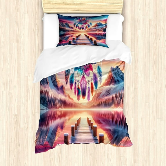 Ambesonne Lake Duvet Cover Set, Pure Wild Mountains Feathers, Twin, Pink Peach and Teal