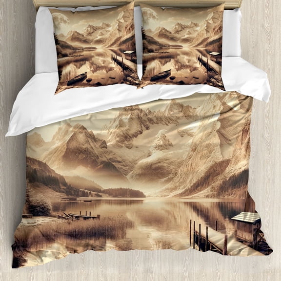 Ambesonne Lake Duvet Cover Set, Snowy Mountains Sepia Effect, Calking, Grey Yellow Warm Taupe