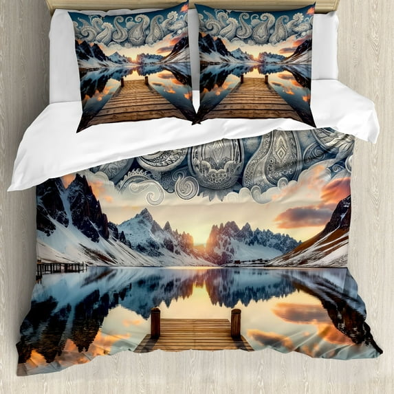 Ambesonne Lake Duvet Cover Set, Sunset Mountains Pier Paisley, King, Slate Blue and Peach