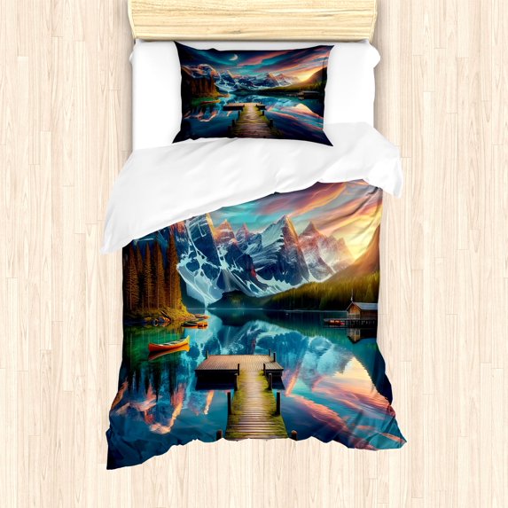 Ambesonne Lake Duvet Cover Set, Wooden Pier Dramatic Night, Twin, Coral Dark Turquoise