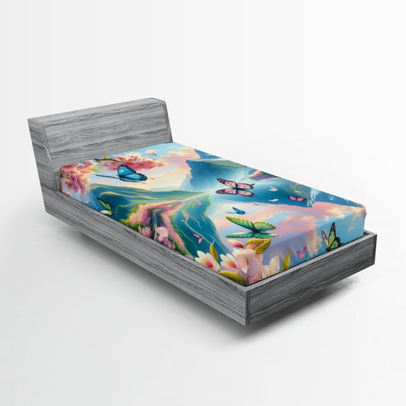 Ambesonne Lake Fitted Sheet, Butterflies Cherry Blossoms, Twin Size, Pink Sky Blue Green