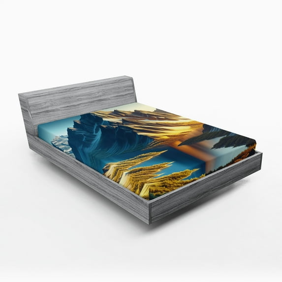 Ambesonne Lake Fitted Sheet, Dreamy Art Snowy Mountains Sun, Queen Size, Sea Blue Dark Khaki