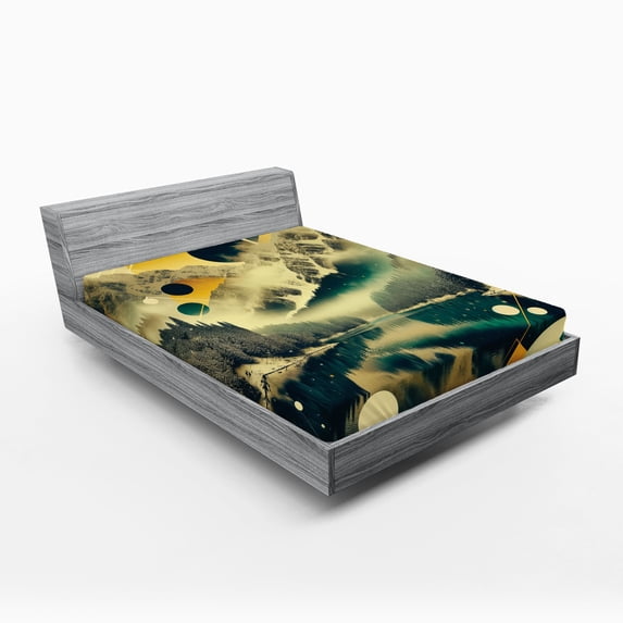 Ambesonne Lake Fitted Sheet, Misty Lake Scenery Dark Woods, Full Size, Emerald Pale Green Amber