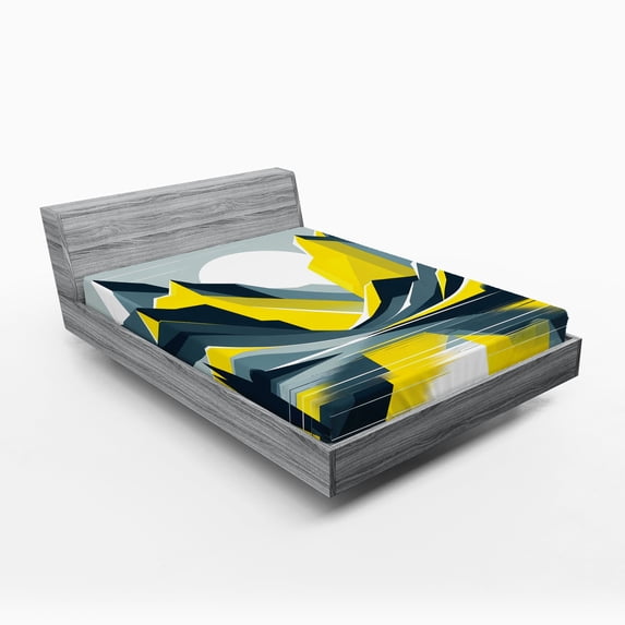 Ambesonne Lake Fitted Sheet, Modern boho Sunrise Mountains, King Size, Mustard Purpleblue White