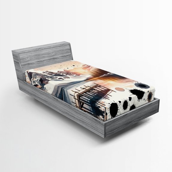 Ambesonne Lake Fitted Sheet, Mountain and Paint Splatter, Twin Size, Peach and Pale Slate Blue