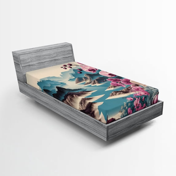 Ambesonne Lake Fitted Sheet, Orchids Earthy Cliff Mountains, TwinXL Size, Pale Purple and Sea Blue
