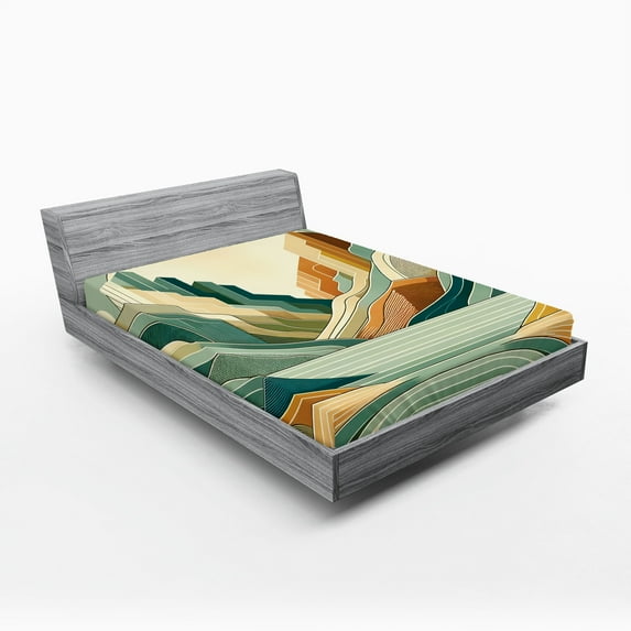 Ambesonne Lake Fitted Sheet, Pastel Rising Mountains Art, Queen Size, Seafoam Peach and Amber