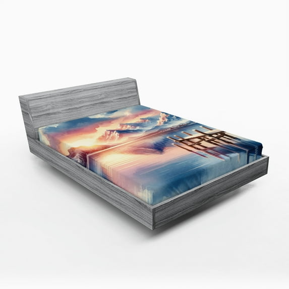 Ambesonne Lake Fitted Sheet, Pastel Sunset Serene Pier View, California King, Peach Blush Ceil Blue