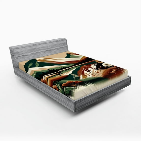 Ambesonne Lake Fitted Sheet, Peaceful Meadow Scene Woods, Full Size, Hunter Green Pale Redwood