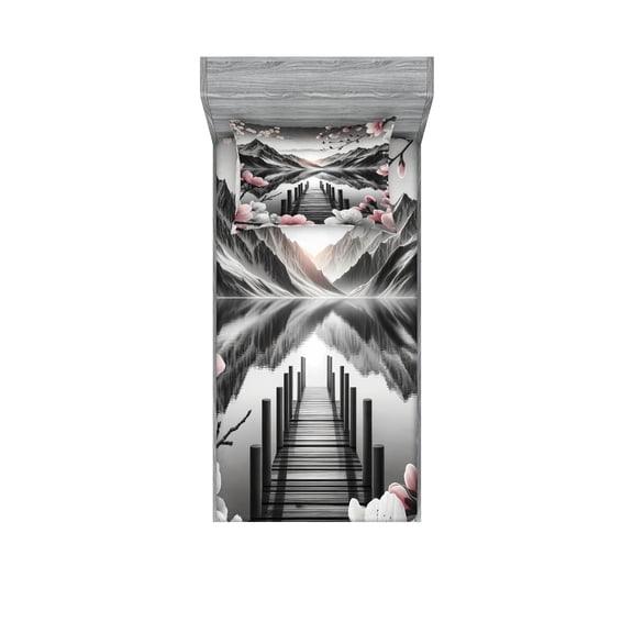 Ambesonne Lake Fitted Sheet & Pillow Sham Set, Cherry Blossoms and Mountains, Twin, Grey and Blush