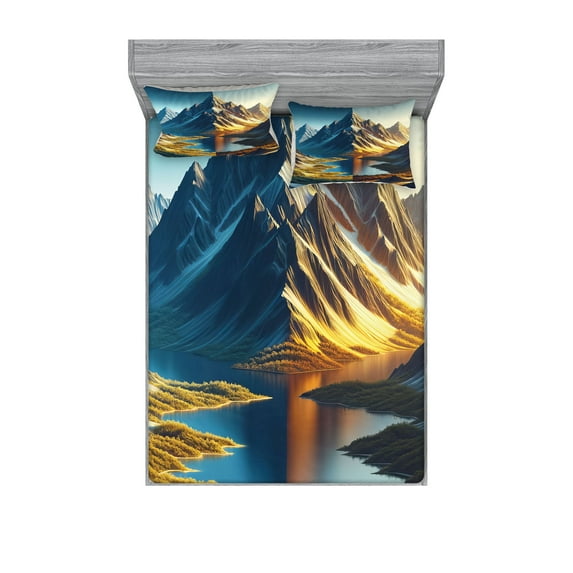Ambesonne Lake Fitted Sheet & Pillow Sham Set, Dreamy Art Snowy Mountains Sun, Queen, Sea Blue Dark Khaki