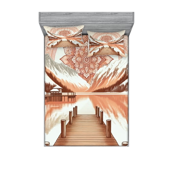 Ambesonne Lake Fitted Sheet & Pillow Sham Set, Mountains Pier and Mandala, King, Salmon Redwood and Dark Rust