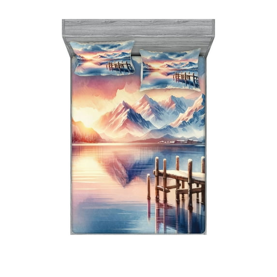 Ambesonne Lake Fitted Sheet & Pillow Sham Set, Pastel Sunset Serene Pier View, Calking, Peach Blush Ceil Blue