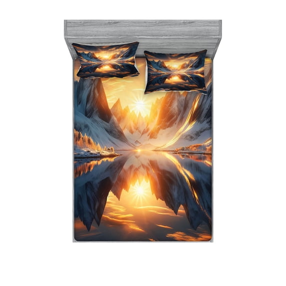Ambesonne Lake Fitted Sheet & Pillow Sham Set, Reflection Snowy Mountain Dawn, Calking, Orange and Dark Blue