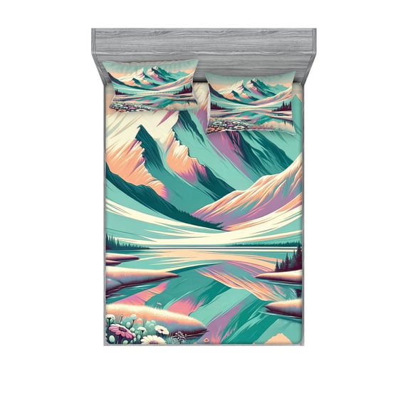 Ambesonne Lake Fitted Sheet & Pillow Sham Set, Snowy Mountain Dreamland Print, King, Seafoam Coral Plum