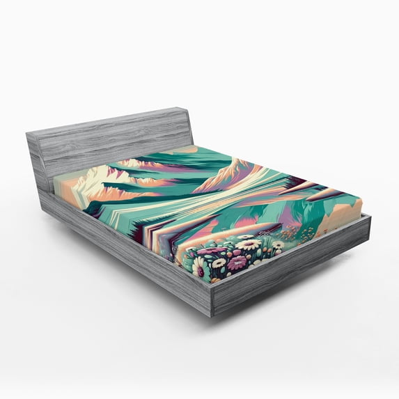 Ambesonne Lake Fitted Sheet, Snowy Mountain Dreamland Print, Full Size, Seafoam Coral Plum