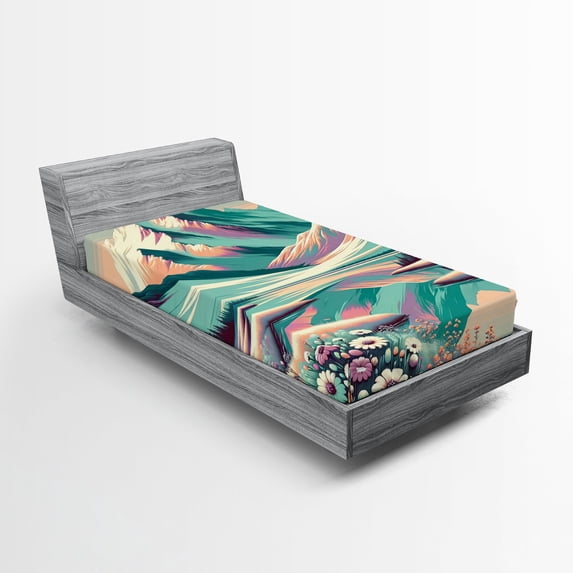 Ambesonne Lake Fitted Sheet, Snowy Mountain Dreamland Print, Twin Size, Seafoam Coral Plum