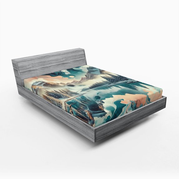 Ambesonne Lake Fitted Sheet, Woodland Mountain Print Cloudy, Full Size, Cadet Blue Peach Teal