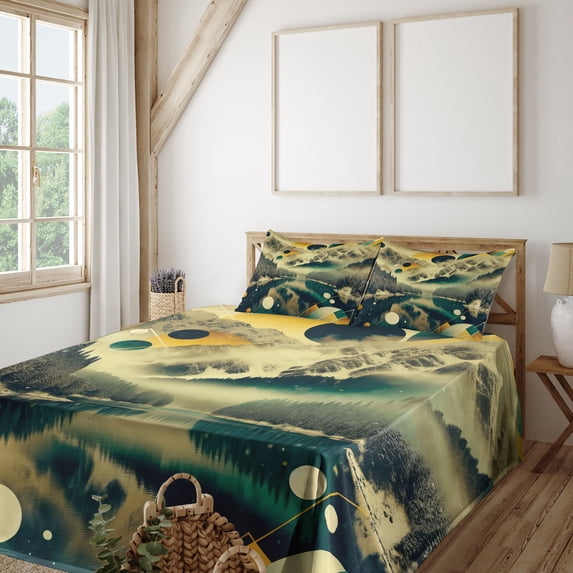 Ambesonne Lake Fitted & Top Sheet Set with Sham, Misty Lake Scenery Dark Woods, Emerald Pale Green Amber