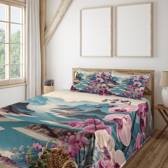 Ambesonne Lake Fitted & Top Sheet Set with Sham, Orchids Earthy Cliff Mountains, Pale Purple and Sea Blue