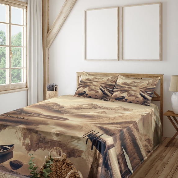 Ambesonne Lake Fitted & Top Sheet Set with Sham, Snowy Mountains Sepia Effect, Grey Yellow Warm Taupe