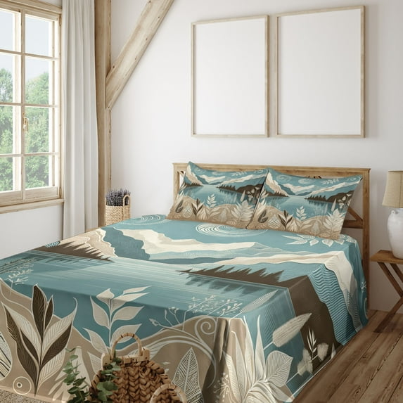 Ambesonne Lake Fitted & Top Sheet Set with Shams, Calm Mountains Scenery Botany, Pale Teal Tan and Brown