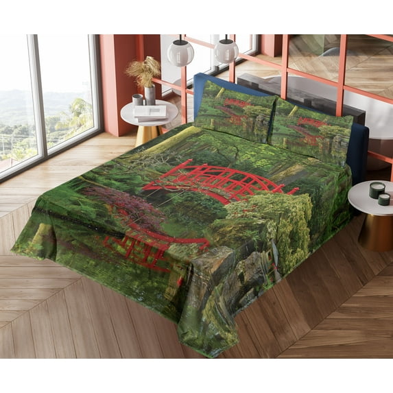 Ambesonne Lake Fitted & Top Sheet Set with Shams, Chinese Bridge in a Forest, Red Green