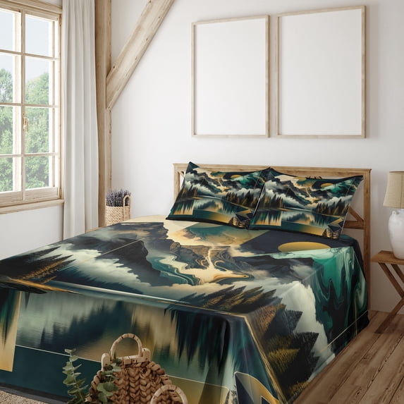 Ambesonne Lake Fitted & Top Sheet Set with Shams, Clouds Mountains Geometric Art, Teal Earth Yellow Grey