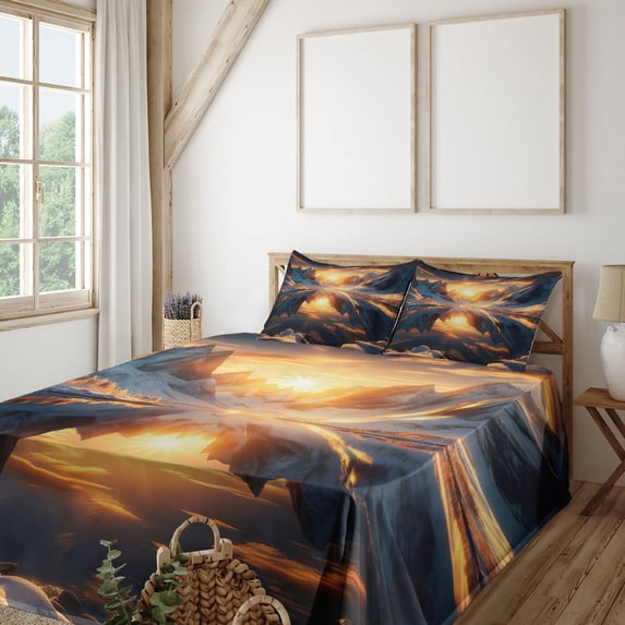 Ambesonne Lake Fitted & Top Sheet Set with Shams, Reflection Snowy Mountain Dawn, Orange and Dark Blue