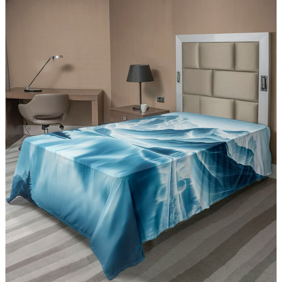 Ambesonne Lake Flat Sheet, Cold Mountain Peaks Icy Water, TwinXL Size, Pale Blue Petrol Blue