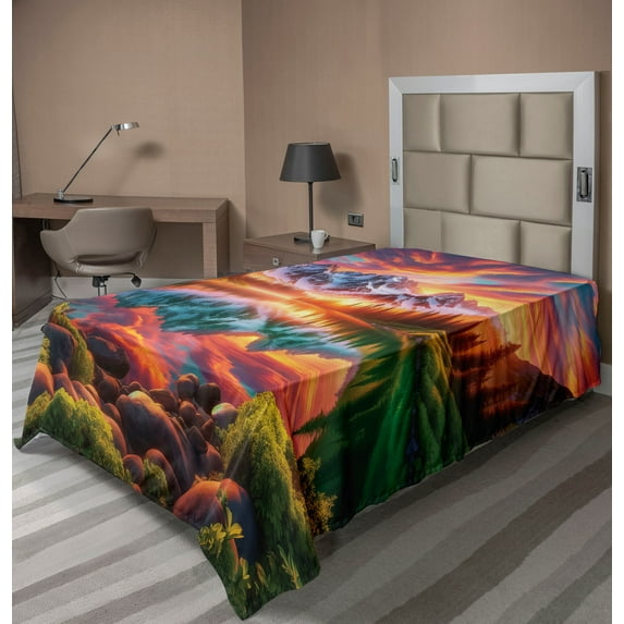 Ambesonne Lake Flat Sheet, Colorful Mesmerizing Scenery, Twin Size, Burnt Sienna Green Teal