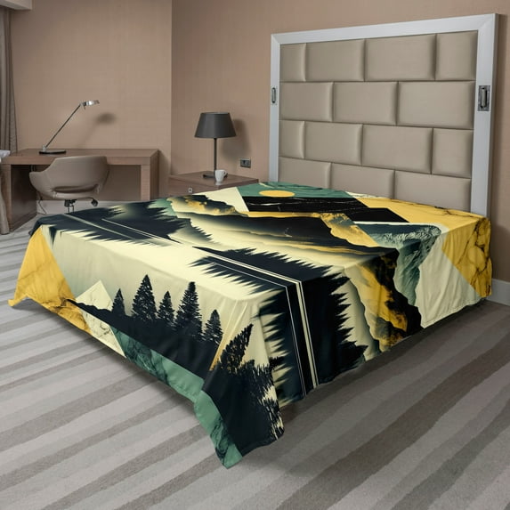Ambesonne Lake Flat Sheet, Dark Woods Mountains Modern, California King, Dark Green Teal Khaki
