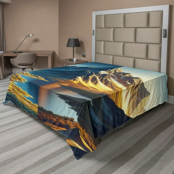Ambesonne Lake Flat Sheet, Dreamy Art Snowy Mountains Sun, Queen Size, Sea Blue Dark Khaki