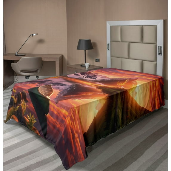 Ambesonne Lake Flat Sheet, Lonely Boat Mountain Landscape, Twin Size, Olive Green and Burnt Sienna