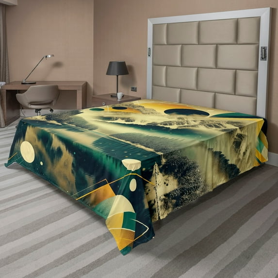 Ambesonne Lake Flat Sheet, Misty Lake Scenery Dark Woods, Queen Size, Emerald Pale Green Amber