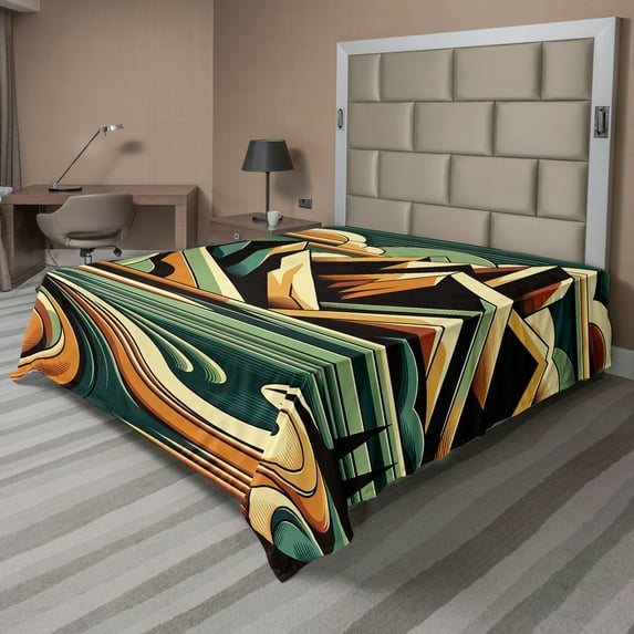 Ambesonne Lake Flat Sheet, Mountain Landscape Mid Century, Full Size, Orange Almond Green