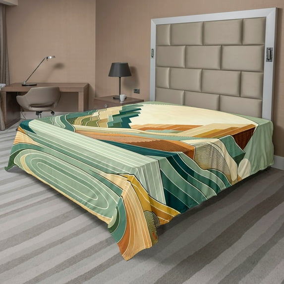 Ambesonne Lake Flat Sheet, Pastel Rising Mountains Art, King Size, Seafoam Peach and Amber