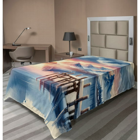 Ambesonne Lake Flat Sheet, Pastel Sunset Serene Pier View, TwinXL Size, Peach Blush Ceil Blue
